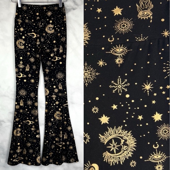 No Boundaries Pants - Celestial Moon Star High Waisted Stretch Knit Flare Leggings Pants Bohemian 70s